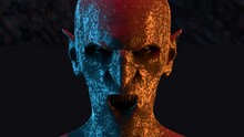 A Creepy Vampire Opens Its Mouth And Shows Long Fangs On Dark Background 3D 4K Animation. Spooky Halloween Creature.