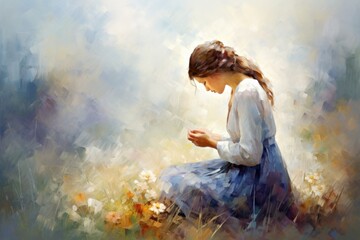 Wall Mural - Young woman praying on the grass and flowers. Oil painting