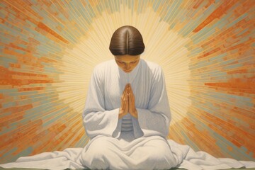Wall Mural - Woman praying against orange rays on yellow background