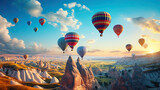 Hot air balloons flying above a mountain