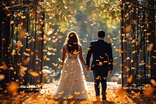 Bride And Groom In The Autumn Forest With Butterflies Around, Wedding Ceremony, Back View 