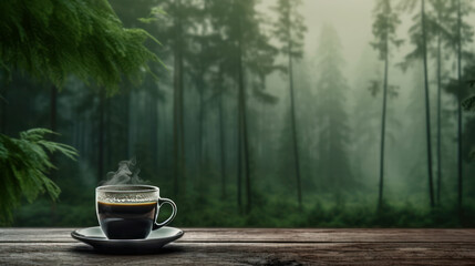 Wall Mural - Hot coffee on a wooden table against the backdrop of a rainy forest