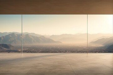 Wall Mural - Cinematic still, minimalist room with a sky, floor to ceiling windows showing the mountain outside