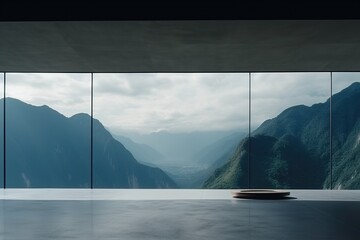 Wall Mural - Cinematic still, minimalist room with a sky, floor to ceiling windows showing the mountain outside