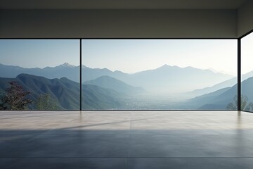 Wall Mural - Cinematic still, minimalist room with a sky, floor to ceiling windows showing the mountain outside