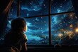 little girl looking out of the window to the starry night sky