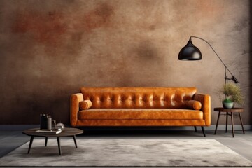 Interior living room with brown wall and leather sofa mockup. Generative AI 2