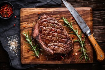 Wall Mural - Grilled meat barbecue steak with garlic, salt and pepper on a rustic kitchen wooden cutting board with copy space.