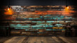 Room decorated with wooden panels, in the style of dark cyan and orange, industrial texture, east village art, patinated and oxidized, recycled, naturalistic landscape backgrounds