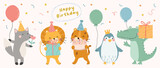 Fototapeta Pokój dzieciecy - Happy birthday concept animal vector set. Collection of adorable wildlife, fox, penguin, tiger, lion. Birthday party funny animal character illustration for greeting card, invitation, kid, education.