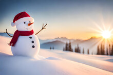 Winter Holiday Christmas Background Banner - Closeup Of The Cute Funny Laughing Snowman With A Wool Hat And Scarf, On A Snowy Snow Snowscape With Bokeh Lights, Illuminated By The Sun