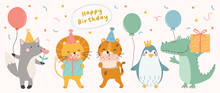 Happy Birthday Concept Animal Vector Set. Collection Of Adorable Wildlife, Fox, Penguin, Tiger, Lion. Birthday Party Funny Animal Character Illustration For Greeting Card, Invitation, Kid, Education.