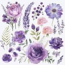 Blumen Zum Dekorieren Einer Hochzeitskarte Mit Lilien Und Orchideen In Violette Farbton, Aquarell Stil,  15, AI Generiert