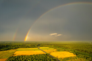 Aerial summer storm rainbow view of Merkine, Merkys and Nemunas rivers, Lithuania