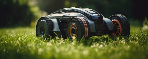 Robot lawn mower on green grass in village garden, panorama. Generative Ai.