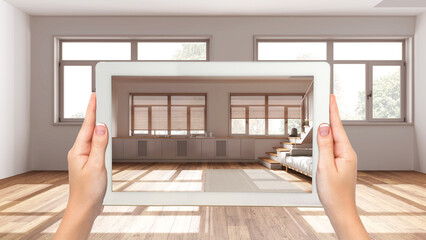 Wall Mural - augmented reality concept. hand holding tablet with ar application used to simulate furniture and de