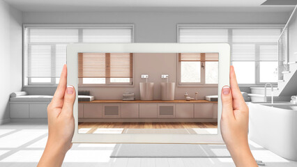 Wall Mural - augmented reality concept. hand holding tablet with ar application used to simulate furniture produc