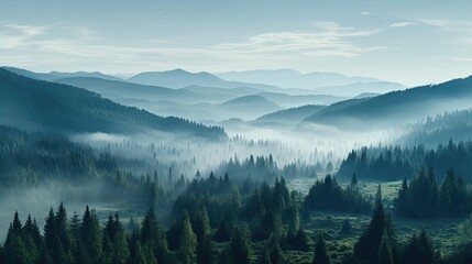  Tall trees in the forest in the mountains covered with the fog