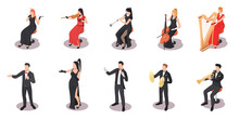 Musician Playing Music, Various Musical Instrument, Orchestra, Classic Costume, Woman, Man, Violin, Vocalist, Saxophone, Singer, Cymbals. Isolated On White Background. Isometric Vector Illustration