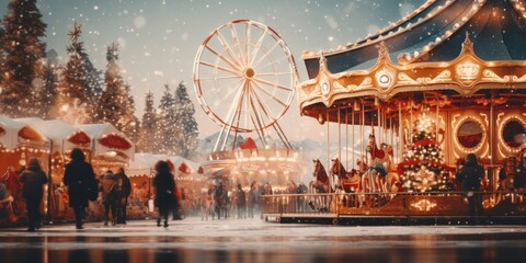 Christmas market with a carousel. Created with generative AI technology.