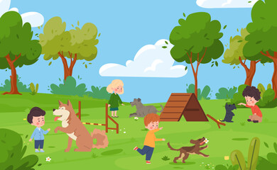 Children teaches dogs to do commands, playing together in forest on lawn with training equipment vector illustration