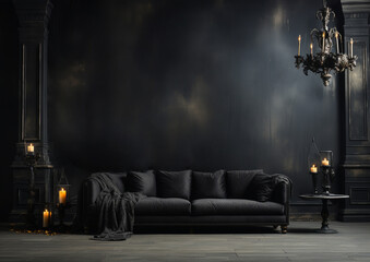 Wall Mural - dark gothic elegant interior of living room,   empty wall for your design, mockup