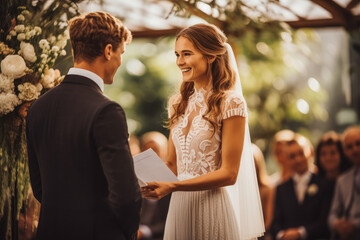 Wall Mural - Bride and groom saying vows at wedding. Happy couple excited smile for wedding, happiness and marriage. Generative AI