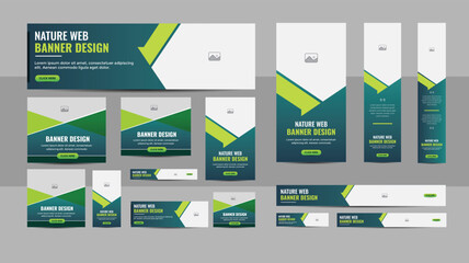 Nature web banner design web template Set, Horizontal header web banner. Modern Gradient green cover header background for website design, Social Media Cover ads banner, flyer, invitation card