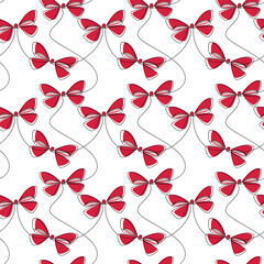 Canvas Print - Red ribbon bow icon seamless vector pattern. Line continuous drawing. Festive hand drawn illustration, holiday background. Wallpaper print, fabric, textile, wrapping paper, packaging, graphic design.