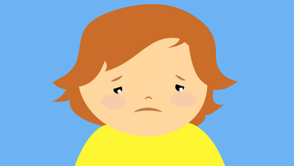 Wall Mural - Sad little boy on blue background. Vector illustration in flat style.