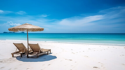 Wall Mural - beach chairs with umbrella on beautiful tropical sand beach