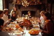 © Dragan - Generative AI, thanksgiving celebrations in many countries, group of people at party, Family sitting at the table and celebrating holiday.