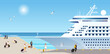 Cruise liner, beach resort, passenger, tourist, summer voyage, holiday trip, travel, vacation, tourism, blue ocean, caribbean and atlantic journey, harbor, man and woman. Vector illustration