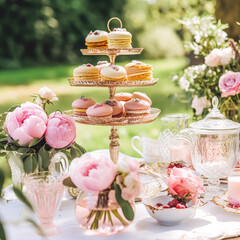 Sticker - Dessert buffet with peony flowers, catering for wedding, party and holiday celebration, cakes and desserts in a countryside garden, generative ai
