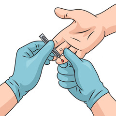 Wall Mural - Taking blood from finger for blood test diagram schematic raster illustration. Medical science educational illustration