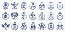 Vintage Weapon Vector Logos Or Emblems, Heraldic Design Elements Big Set, Classic Style Heraldry Military War Armory Symbols, Antique Knives Compositions.