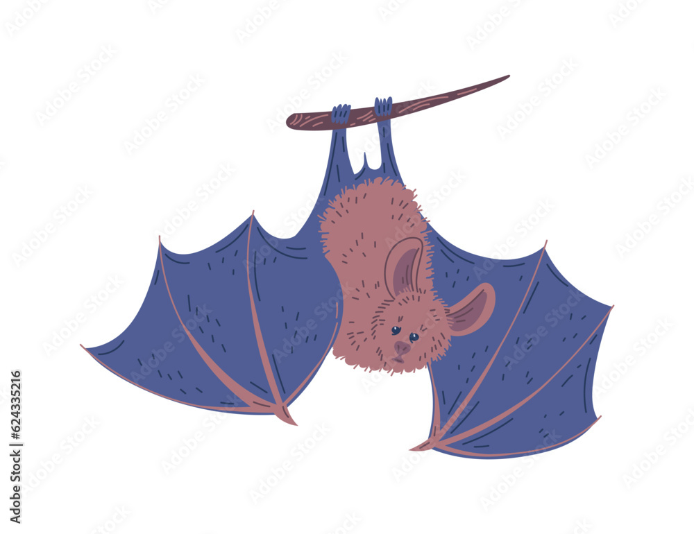 Cute and sad bat hanging upside down on tree branch, cartoon flat ...
