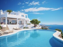 Traditional Mediterranean White House With Pool On Hill With Stunning Sea View. Summer Vacation Background. Generative Ai