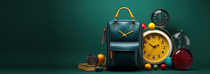 school bag on isolated background, school bag  with book and other education element, back to school concept