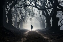 A Mesmerizing Photo Of A Person Walking Through A Misty Forest, Evoking A Sense Of Mystery And Transformation On Their Soulful Path. Generative Ai