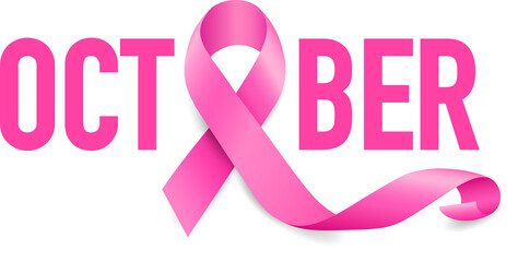 October lettering design with pink ribbon. Breast Cancer Awareness Month Campaign. For poster, banner and t-shirt. Illustration.