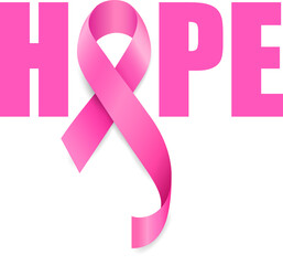 Hope lettering design with pink ribbon. Breast Cancer Awareness Month Campaign. For poster, banner and t-shirt. Illustration.