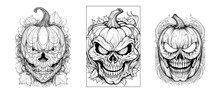Horrible Halloween Pumpkins Portrait. Horror Mask For Coloring. Mystical And Spooky Creatures Created  With Generative AI.