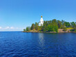 Church of Saint Nicholas (Nikolsky Skete) on Valaam Island, Karelia, Russia.  Summer day view of beautiful lake Ladoga and orthodox Russian architecture.