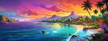 Painting Style Illustration Of Beautiful Peaceful Tropical Ocean Lagoon Banner Background Wallpaper, Generative Ai