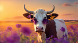 cow in the field with sun glass
