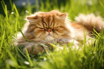  Persian Cat Lies In The Beautiful Grass. Generative AI