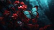 red blue butterfly on red flower branch, Generative Ai