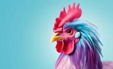 Creative Animal Concept. Rooster Peeking Over Pastel Bright Background. Generative AI.	
