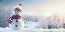 Happy Snowman With Hat And Scarf On Snowy Winter Forest Landscape. Christmas Greeting Card. Banner With Copy Space. Generative AI